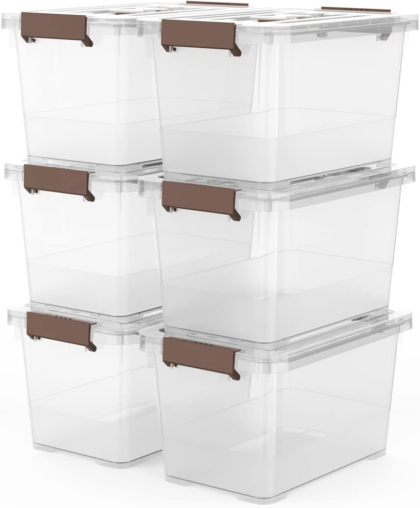 6-Pack Clear 7 Quart Storage Latch Box/Bins, Plastic Stackable Latching Box w...