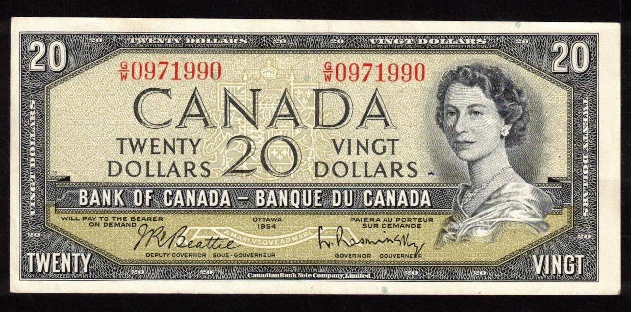 1954 Canada $20 banknote Beattie Rasminsky G/W 0971990 CH EF+