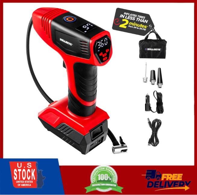 BULLSEYE PRO Tire Inflator 150 PSI, Portable Air Pump with Gauge,USB Rechargeabl