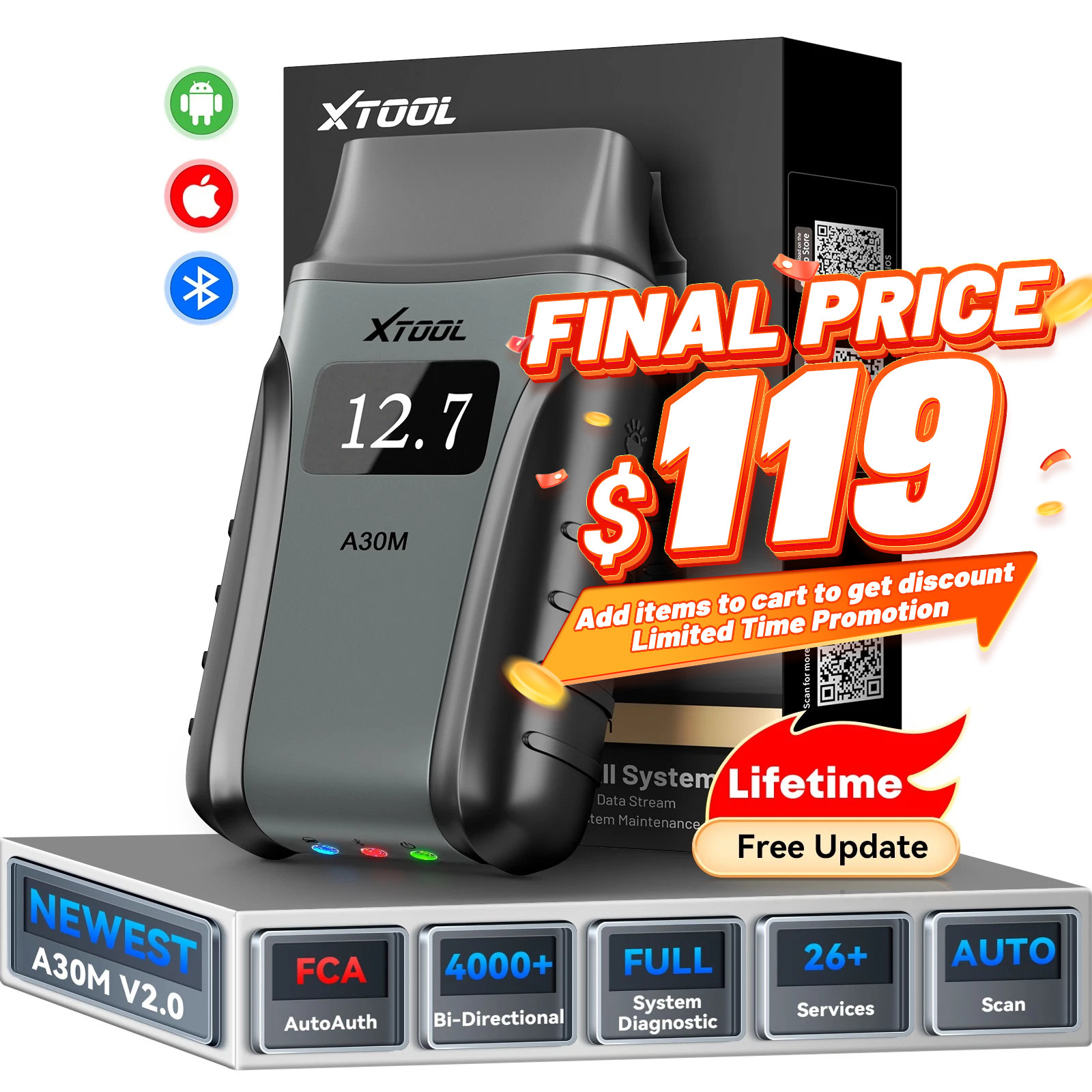 XTOOL A30M V2.0 Wireless Car Full System Dignostic Tool Bi-directional Scanner