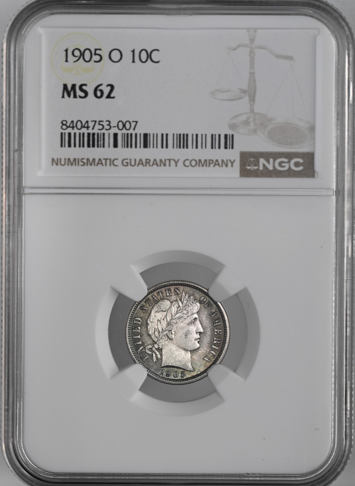 1905-O  10C BARBER SILVER DIME "NEW ORLEANS" NGC MS62 #8404753-007 TONED/TONING