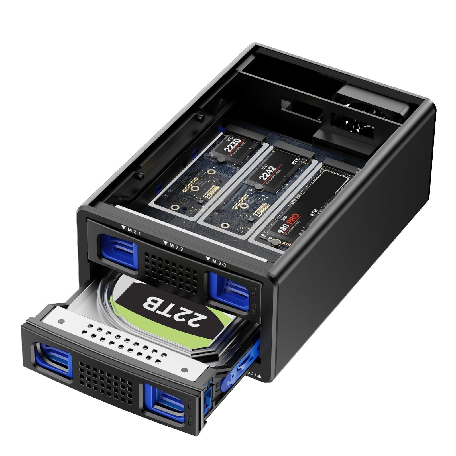 CENMATE Hybrid 2.5/3.5" SATA HDD/SSD+3* M / B+M Key M.2 NVMe Enclosure 4 bay