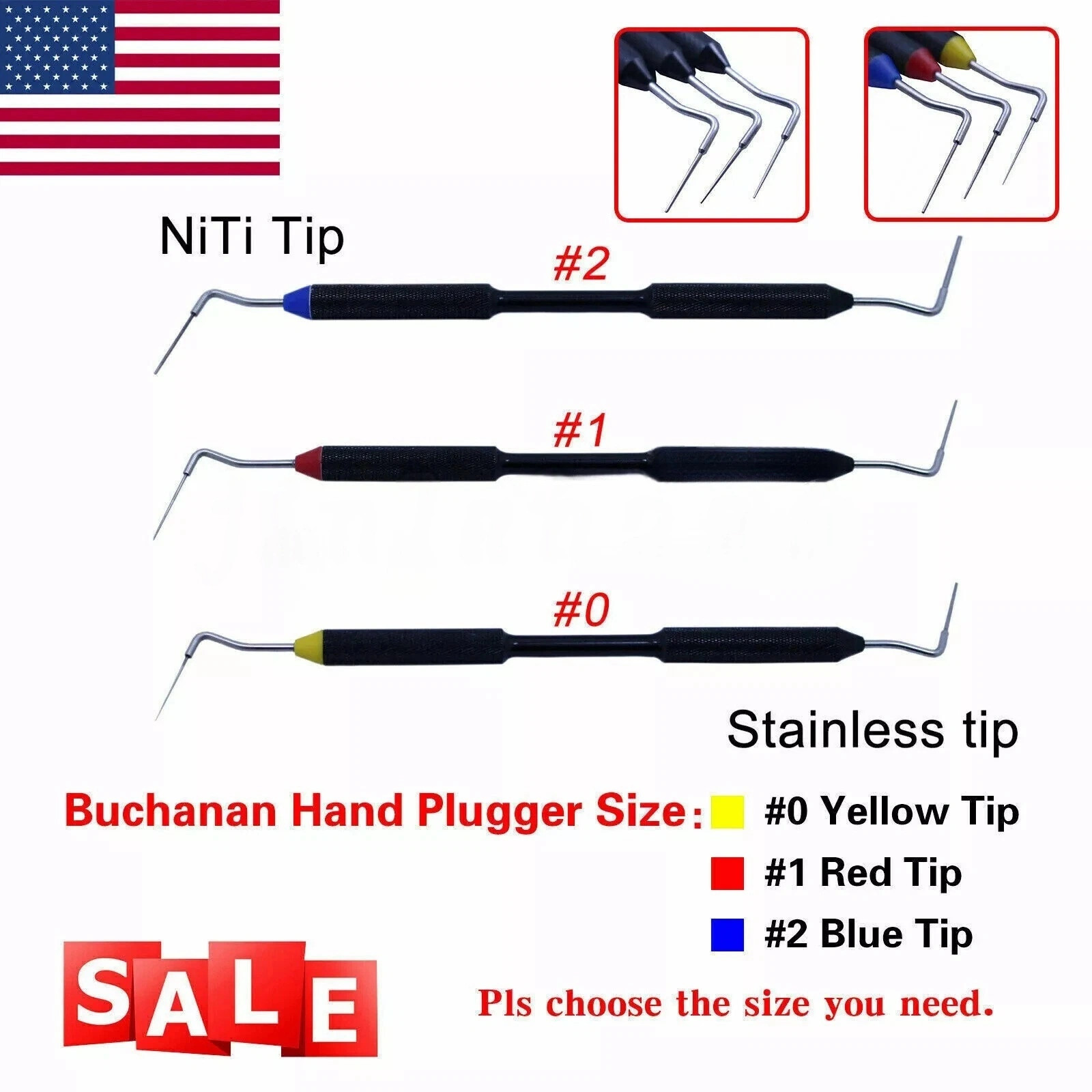 Dental Sybronendo Endo Buchanan Hand Plugger Tip Fill Obturation Size 0#,1#,2#