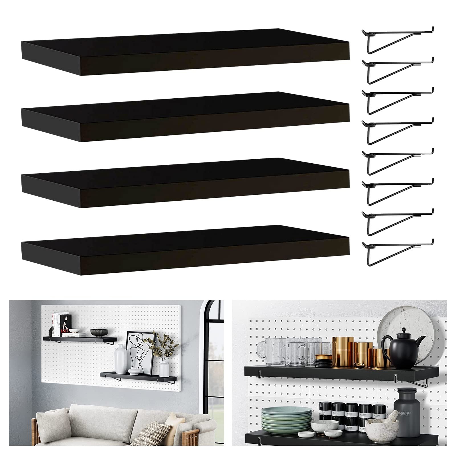 HJW Pegboard Shelf Black, 4 Pack Wooden Shelves with 4-black, Black