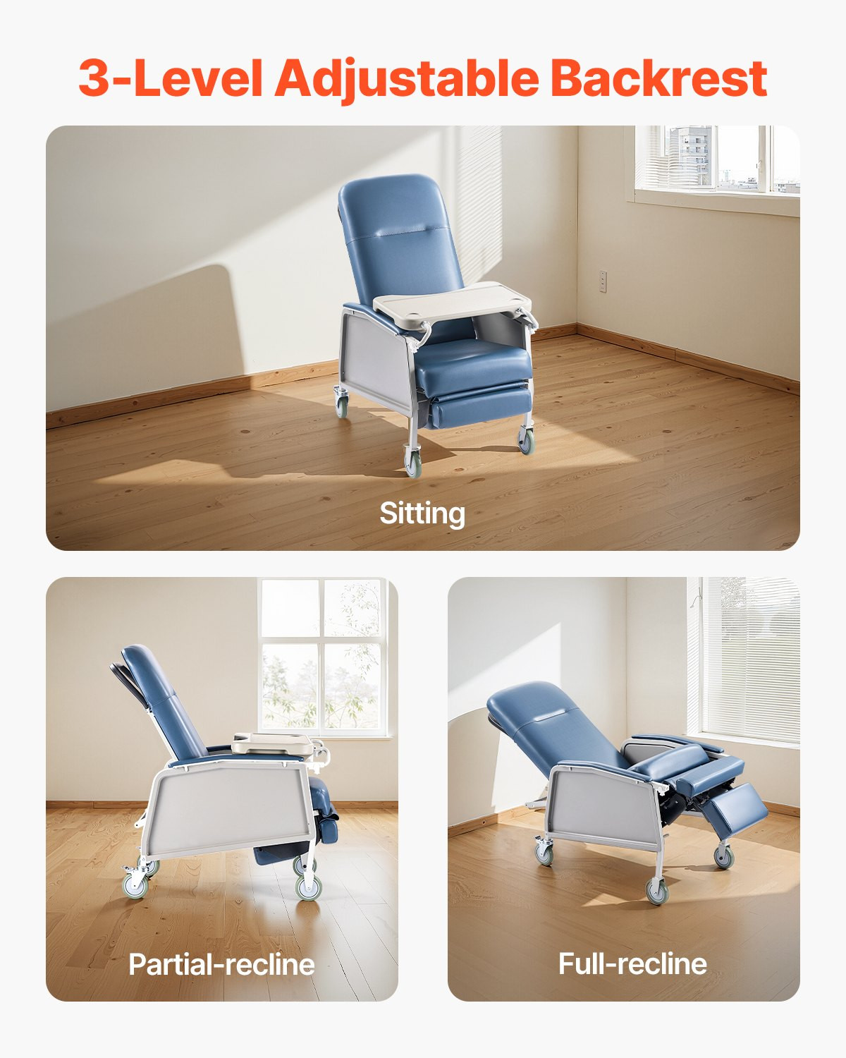 3-Position Geri Chair Recliner w/ Wheels Tray Medical Nursing Chair