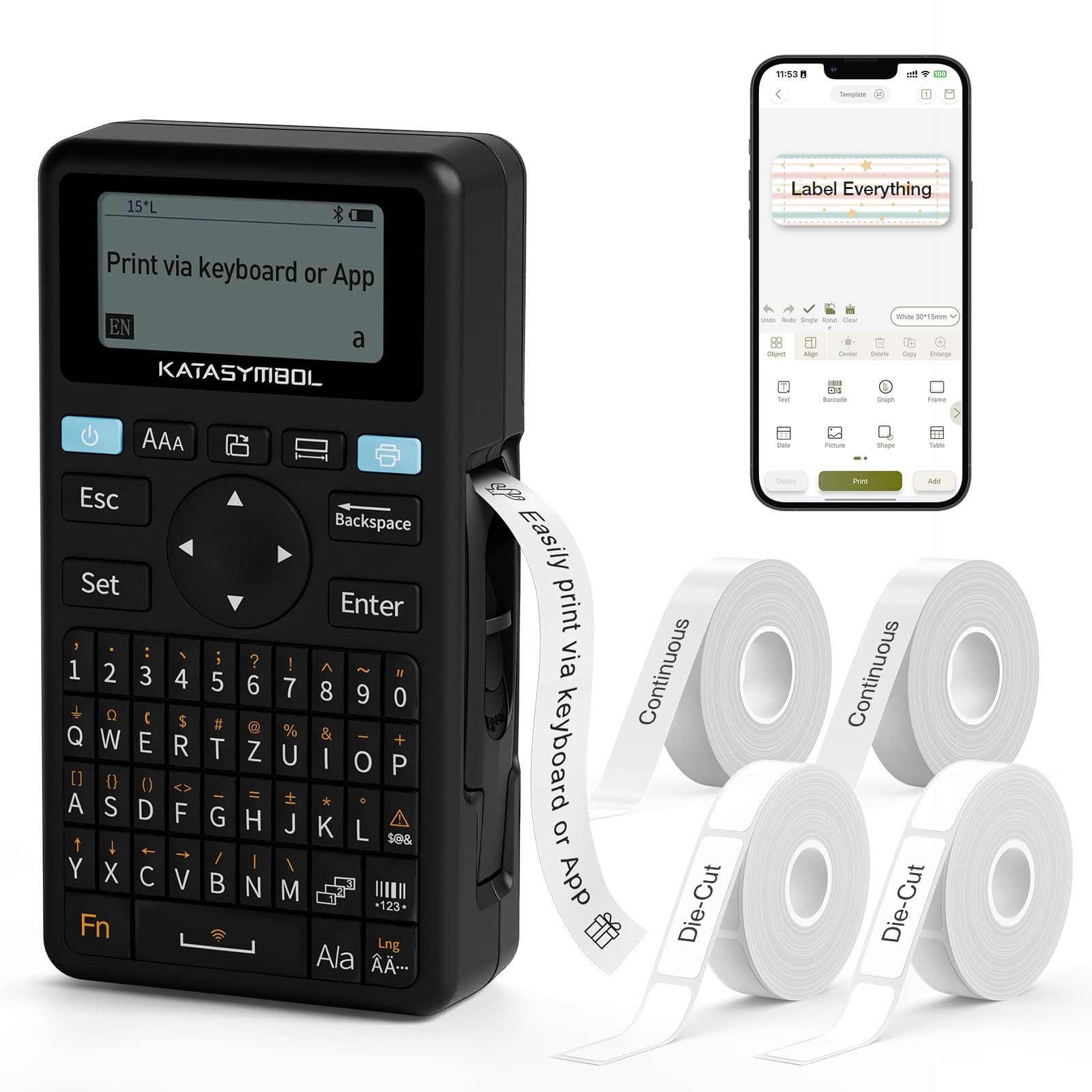 E11 Bluetooth Label Maker Machine Support Keyboard App 4 Tapes Inkless Black