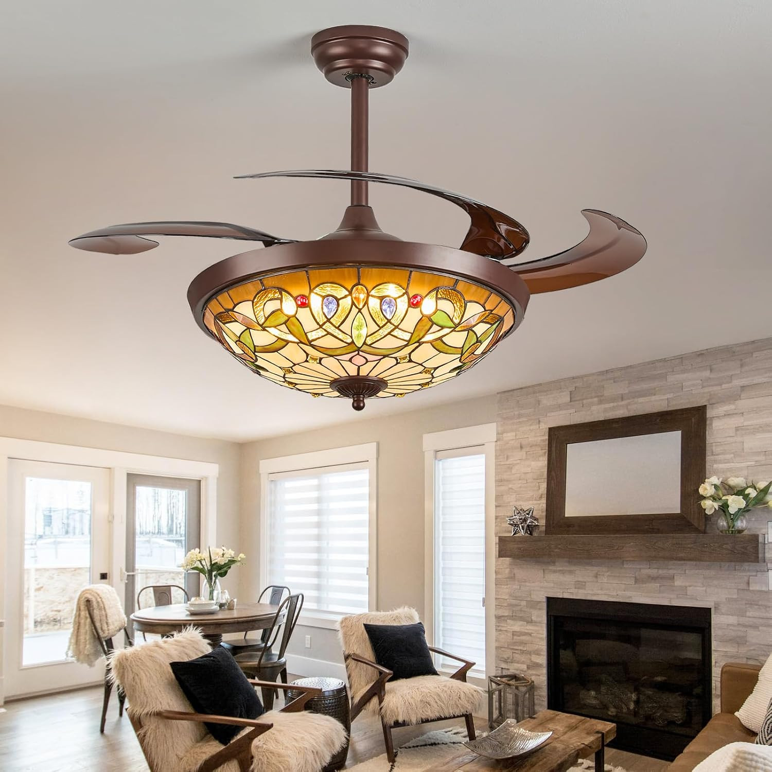 Ceiling Fan with Light - 48" Retractable Ceiling Fan Chandelier Fan, App Control