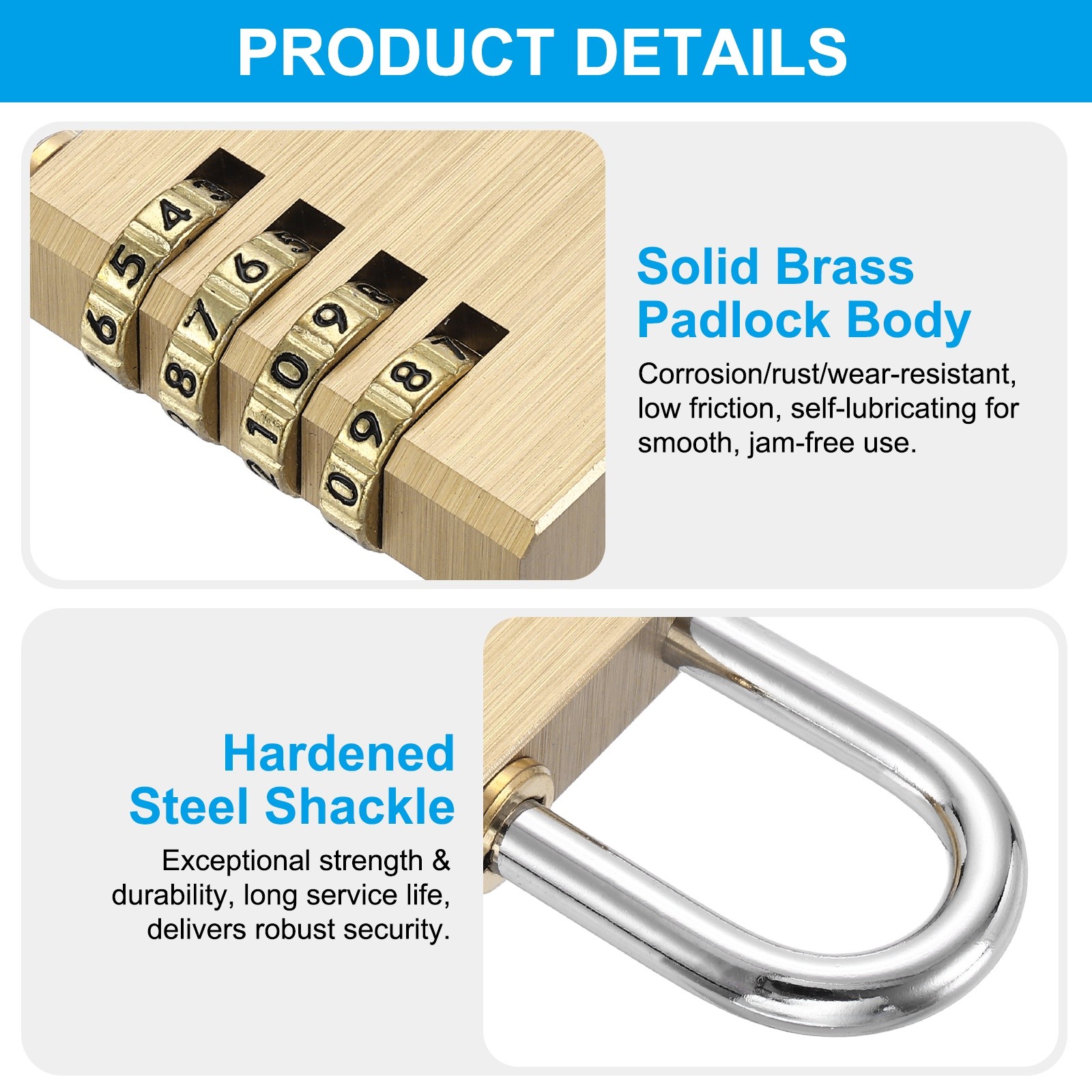 Brass Combination Lock 3.39", 4 Digit Resettable Combination Padlock Yellow