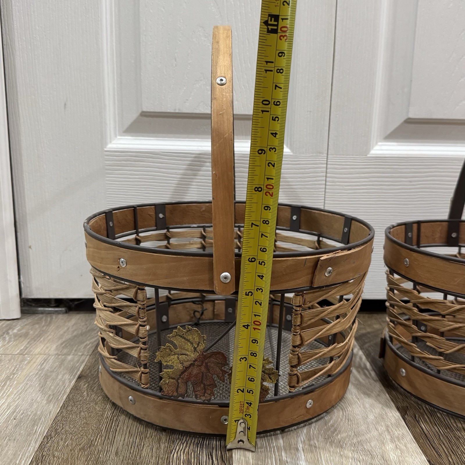 2 Wicker Wire Baskets Large & Medium Fall Autumn Leaves Moveable Handles Rivets