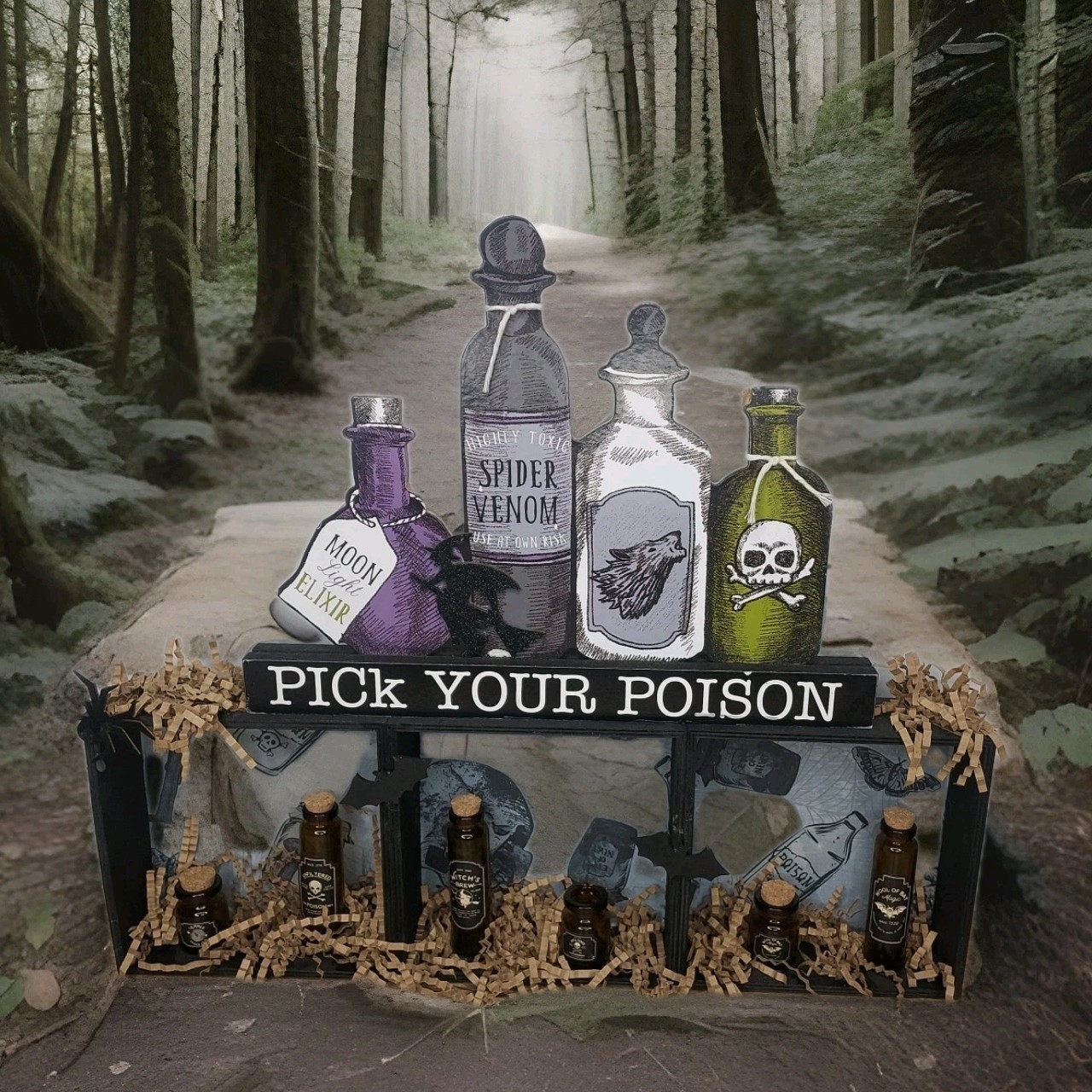 Halloween Pick Your Poison Miniature Apothecary Bottles Haunted House Prop OOAK
