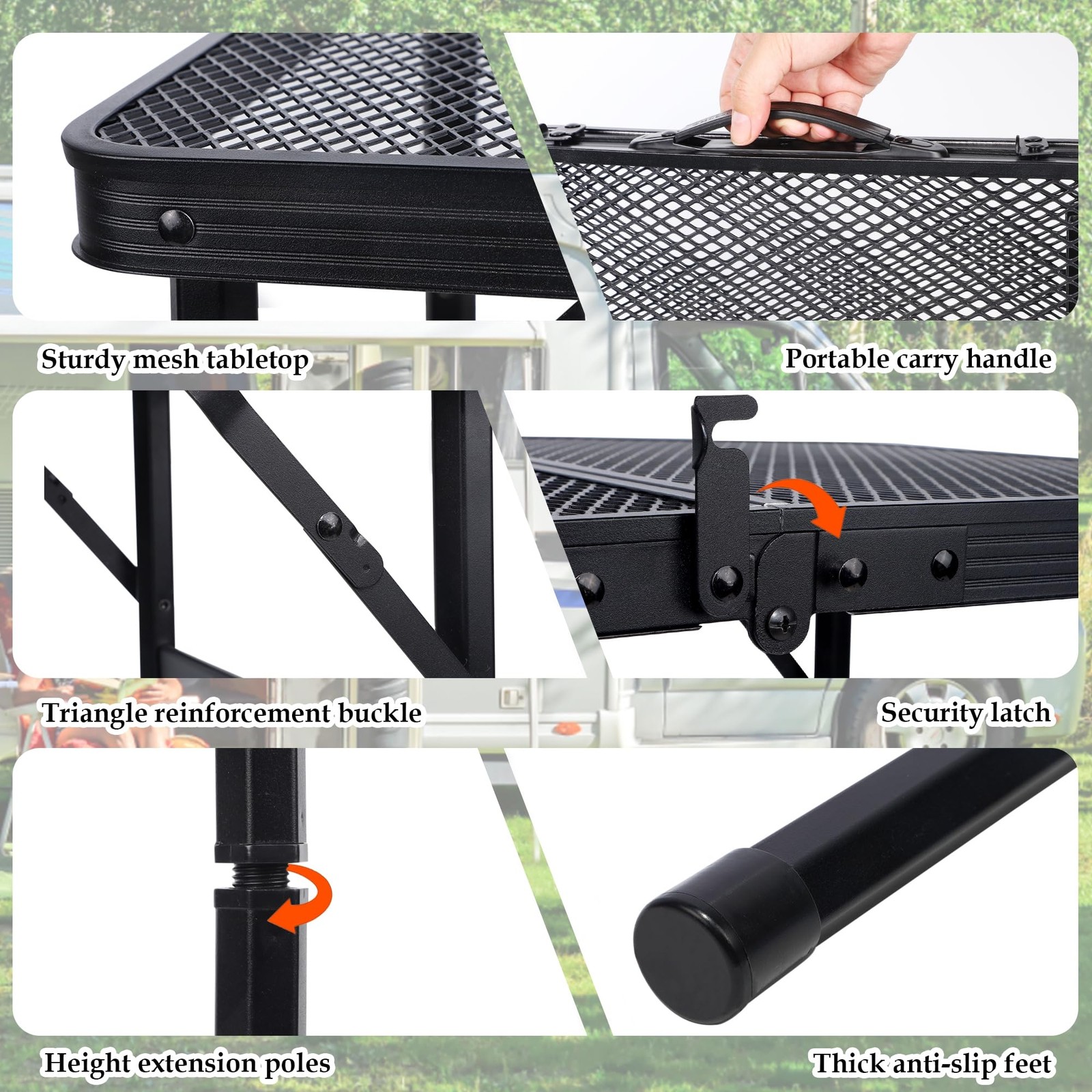 FORUP Small Folding Camping Table w/ Mesh Desktop, Portable, Adjustable Height