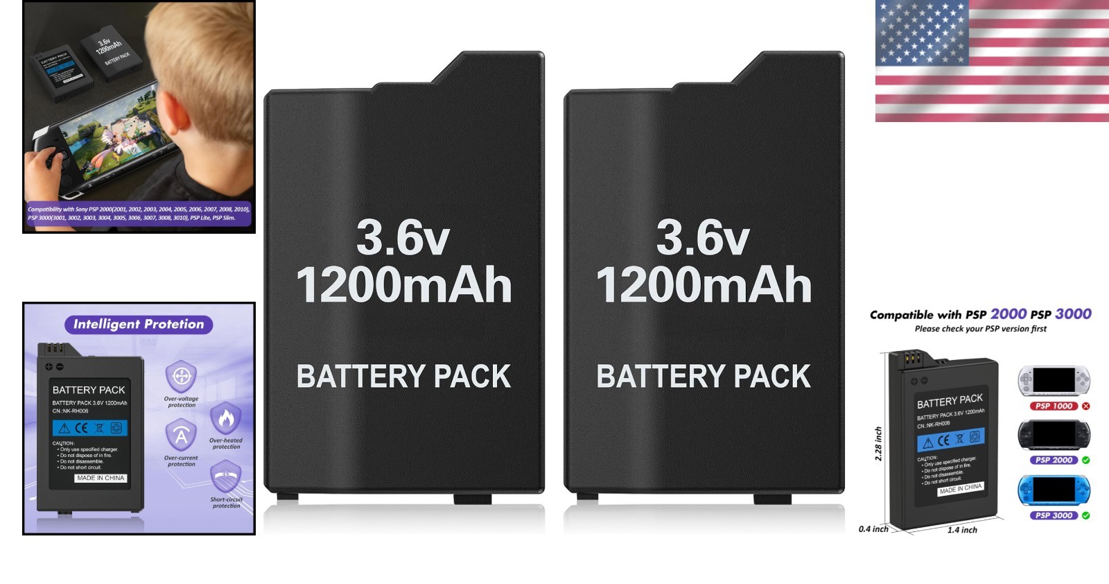 2Pcs Rechargeable Battery Pack Replacement for PSP 2000/3000/Lite/Slim Console,