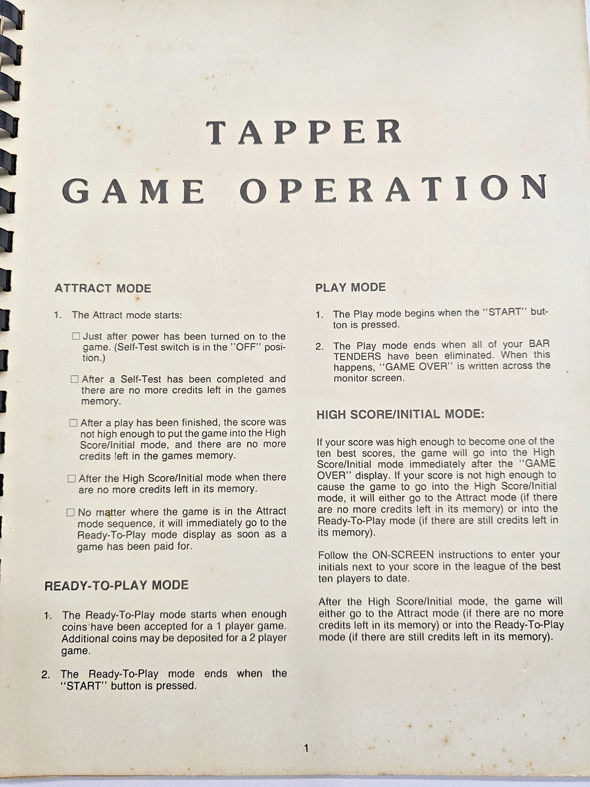 ORIGINAL BALLY MIDWAY TAPPER UPRIGHT ARCADE VIDEO GAME PARTS & OPERATING MANUAL