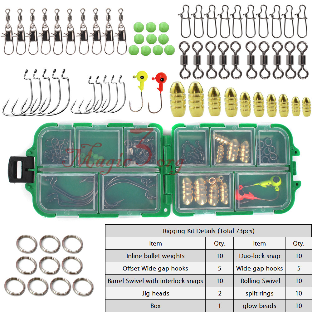 72pcs/Set Fishing Accessories Texas Rigs Tackle Box Solid Ring Swivels Hook Kits