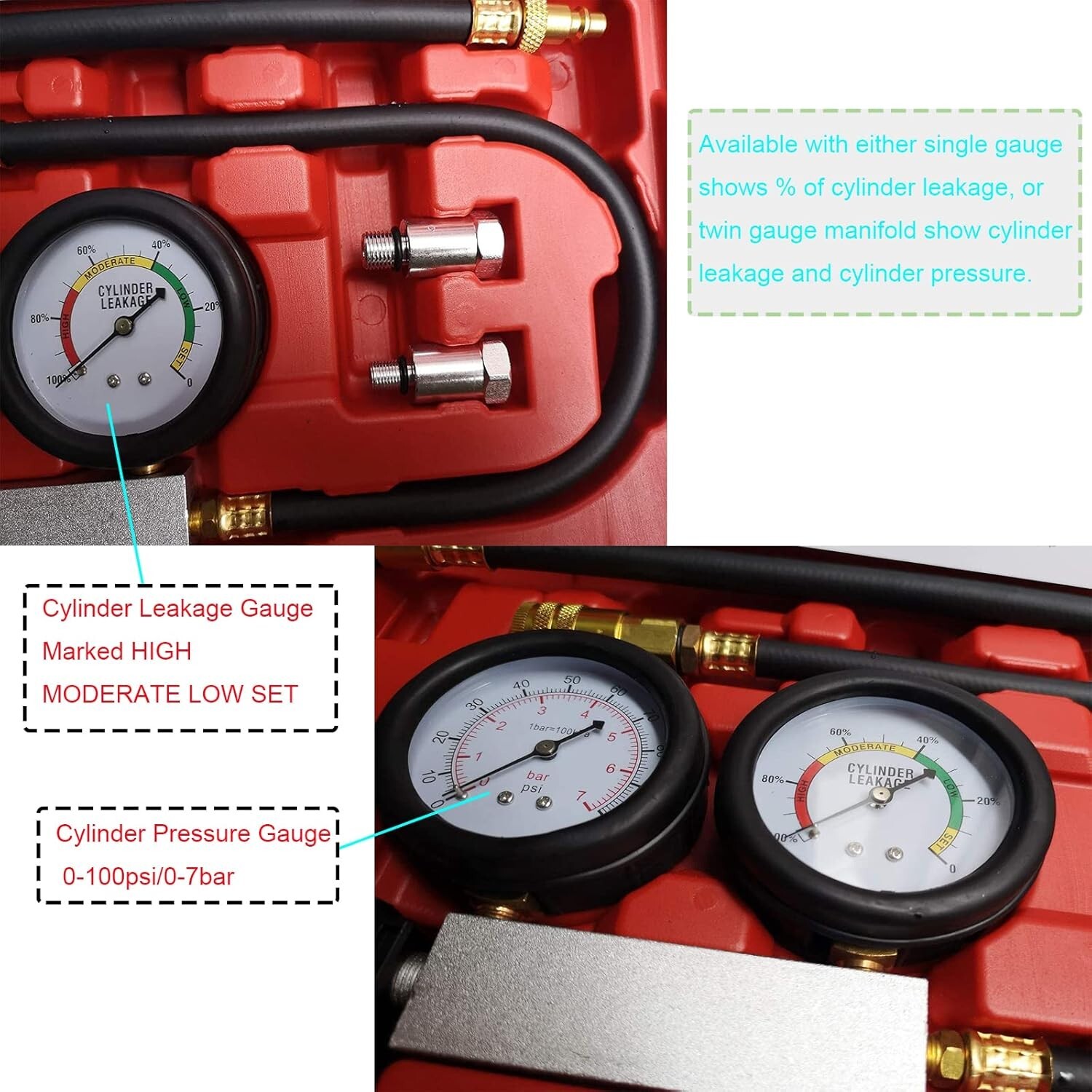 Cylinder Leak Down Tester Petrol Engine Compression Gauge Diagnostics Test Tool