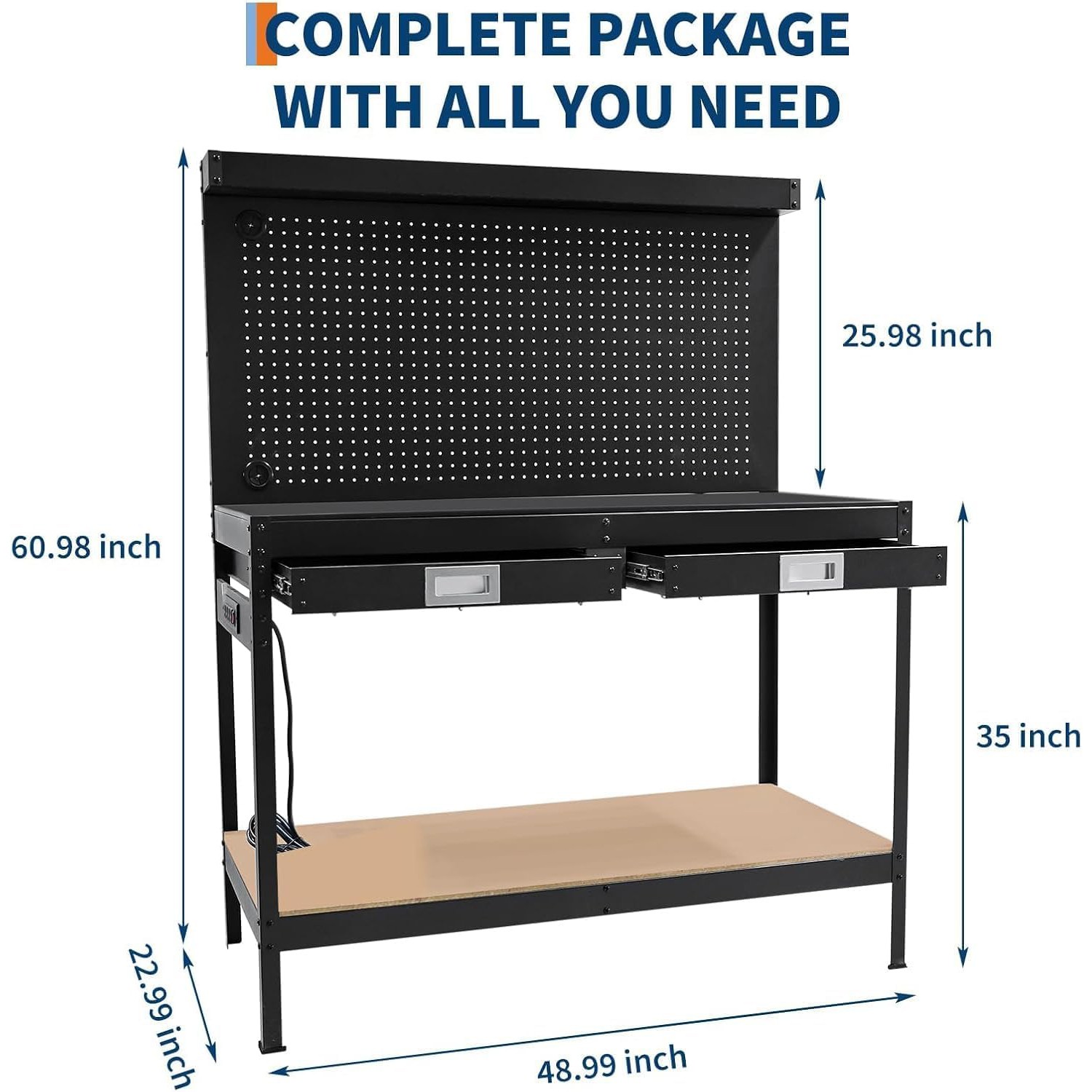 48x22 in Workbench 2 Tier Garage Tool Storage Work Table w/ Pegboard & 2 Drawers