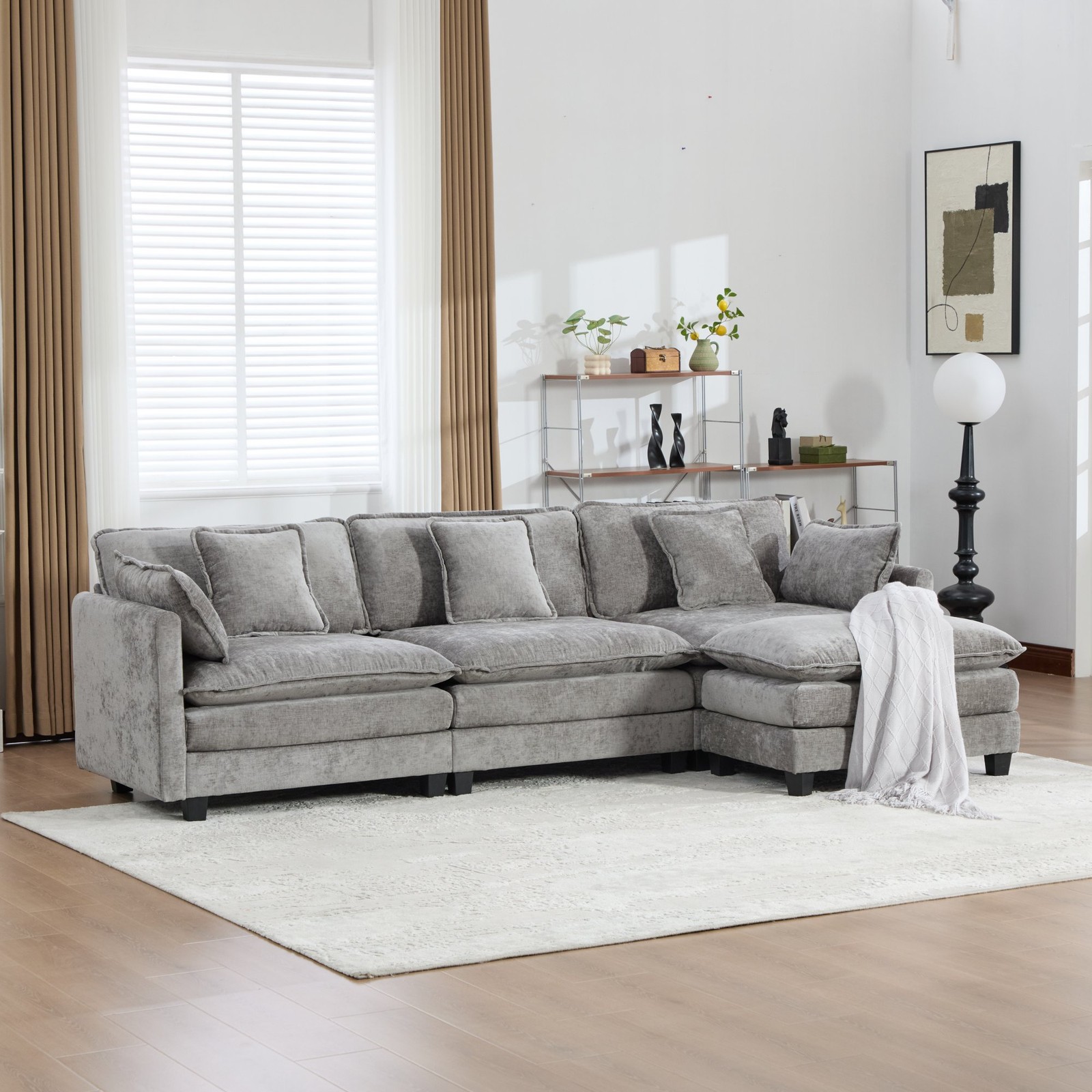 3-Seat Sectional Sofa Cloud Couch, Gray Chenille Fabric Medium-Soft