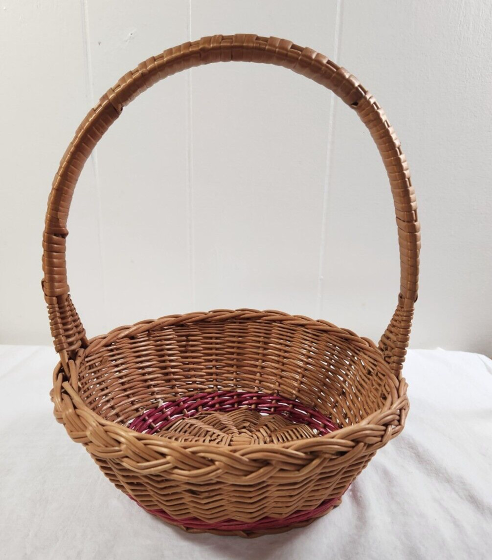 Vintage Rattan Basket Wicker Fixed Handle Pink Stripes Gathering Decor Easter