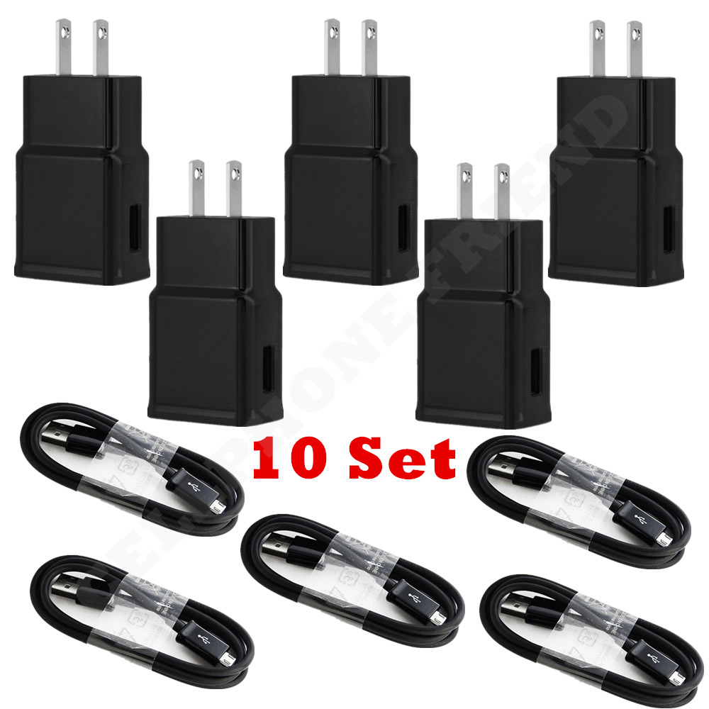 10 Set USB Power Adapter Wall Charger Micro Cable Cord US Plug For Samsung Black