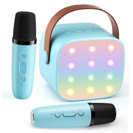 Mini Karaoke Machine with 2 Wireless Microphones, 2026 TOP Kids Blue