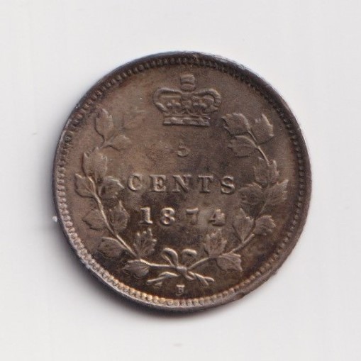Canada 1874H 5c Five Cent Silver Coin Queen Victoria .925 Silver Crosslet "4"