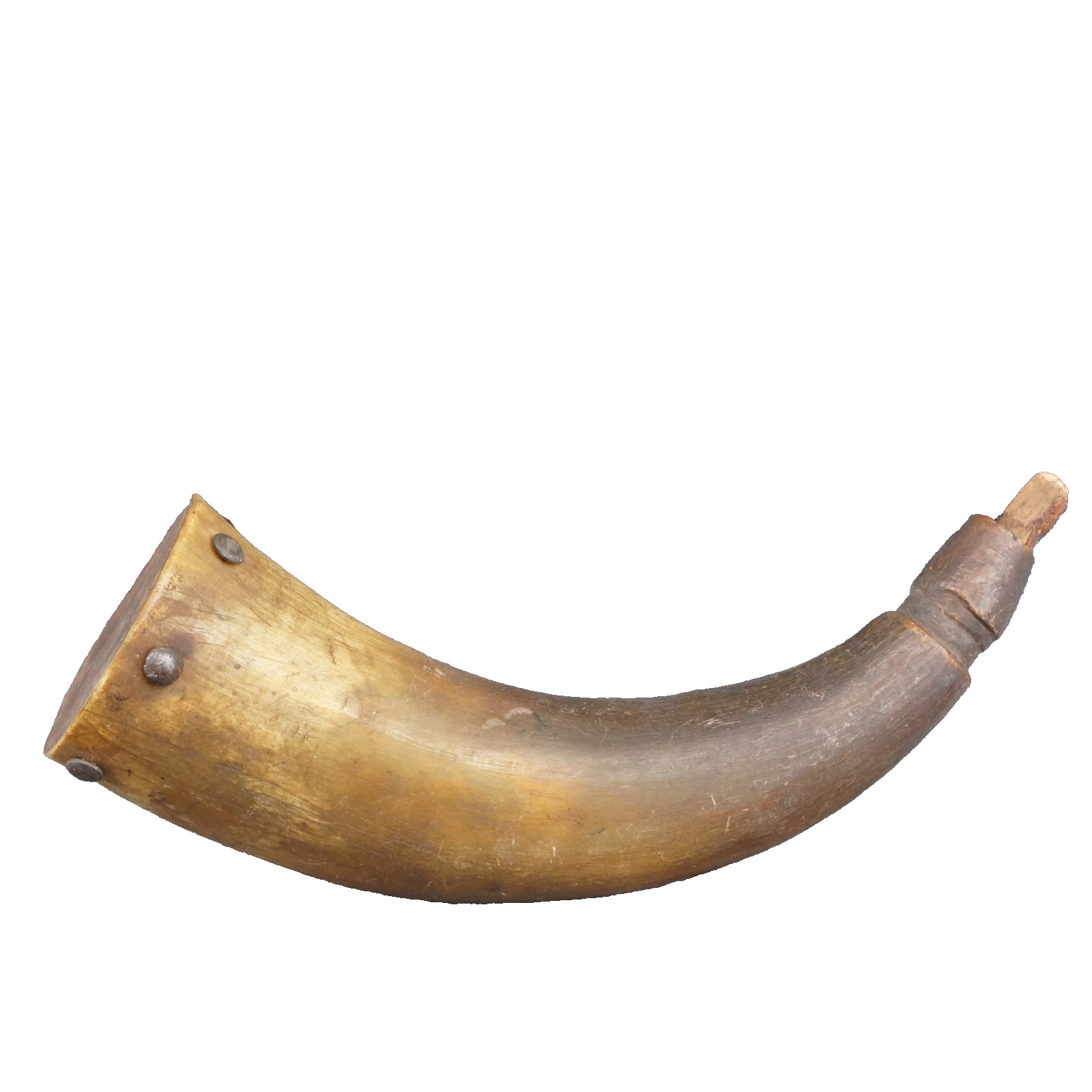 Original Antique 1800s Cow Powder Horn Wood base with wooden plug