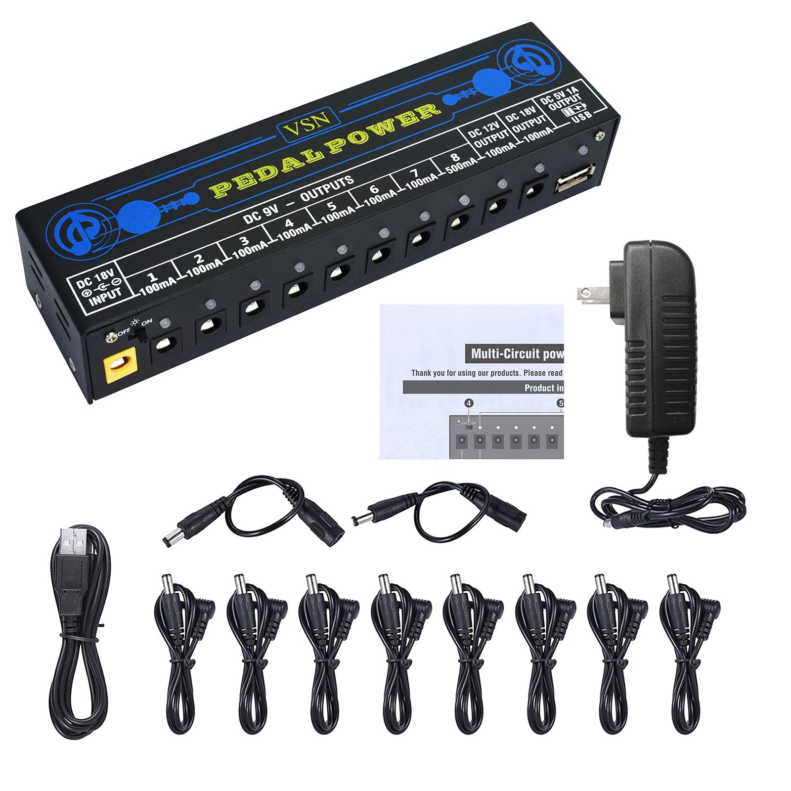 VSN Guitar Pedal Power Supply 10 Isolated DC Output for 9V/12V/18V Guitar Bas...