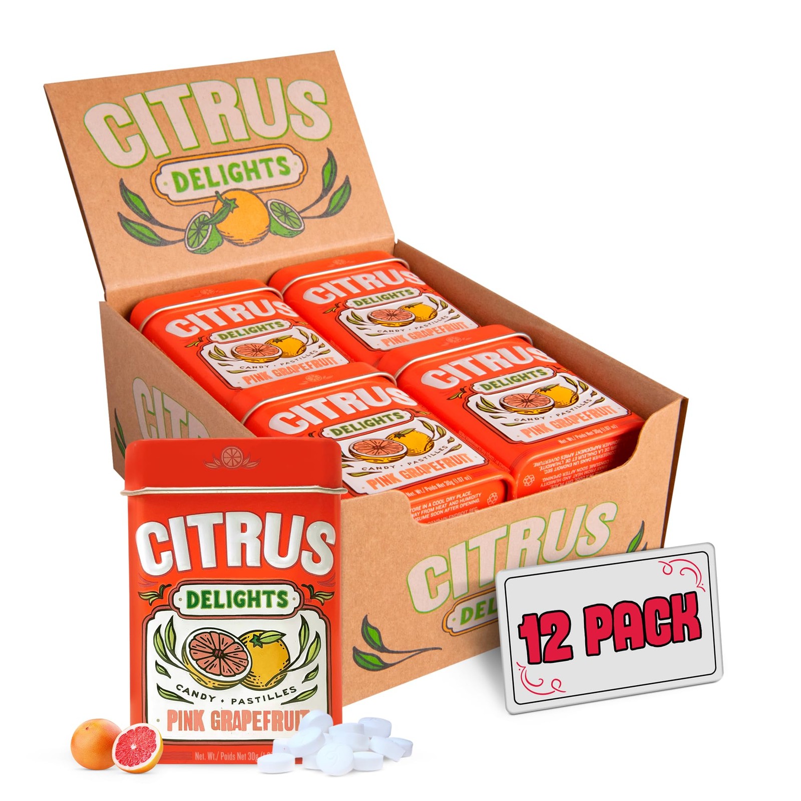 Pink Grapefruit Candy – 30 Count Tin (Pack of 12) | Natural Citrus Hard Candy...