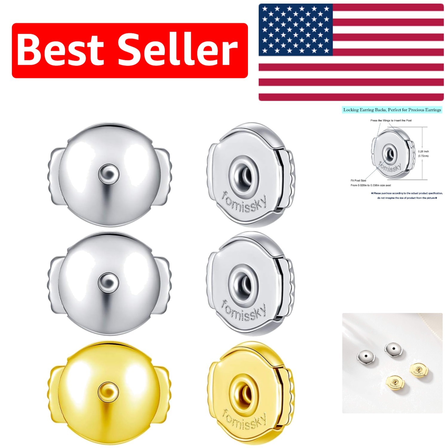 Luxury Spring Locking Earring Backs - 3 Pairs in Gold & Silver Plated Styles