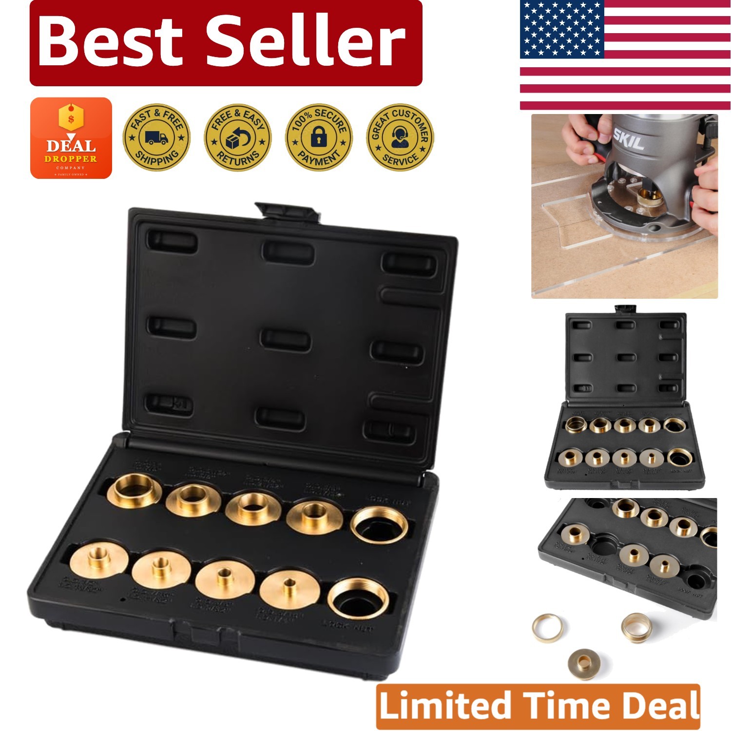 Universal 10-Piece Brass Router Bushing Set - Fits Porter Cable Style Routers
