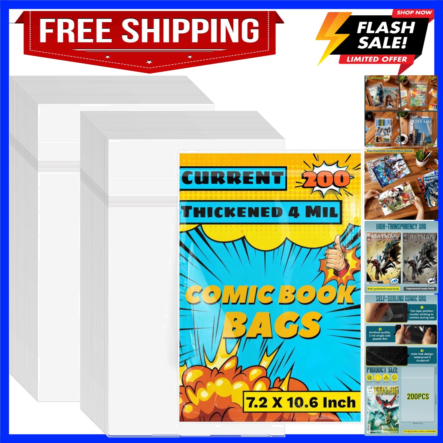 200 Pack Comic Book Sleeves, Current Size Comic Book Bags | Self Sealing Comi...