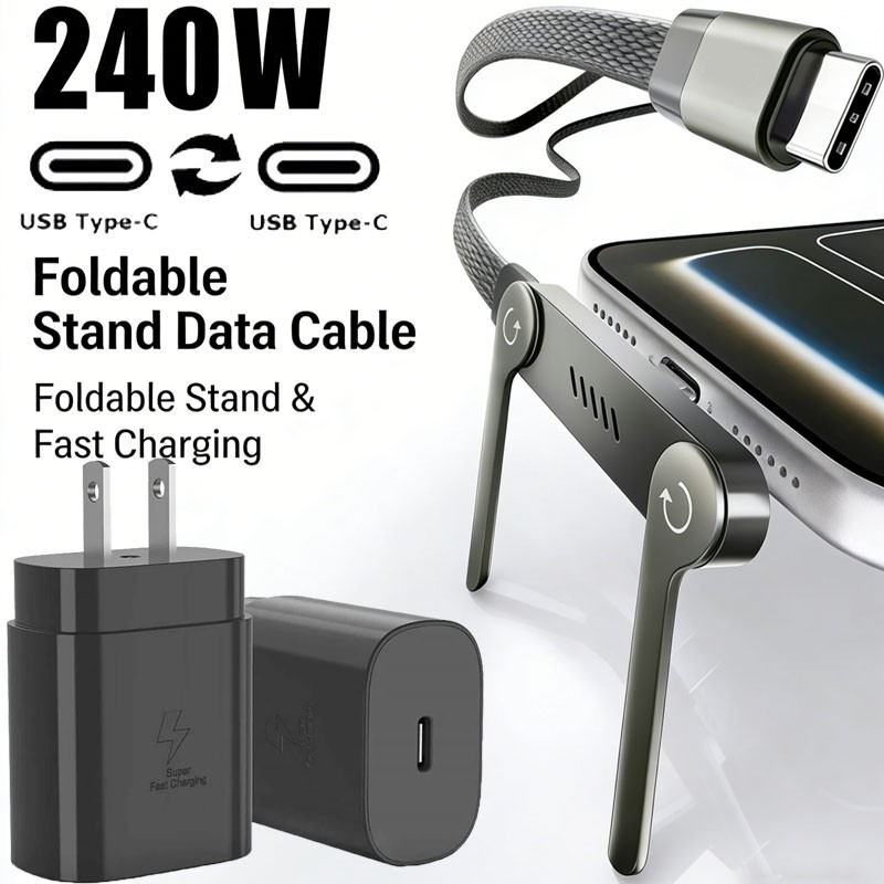 240W 2-in-1 USB C Fast Charg Cable Rotatable Stand Holder Playing While Charging