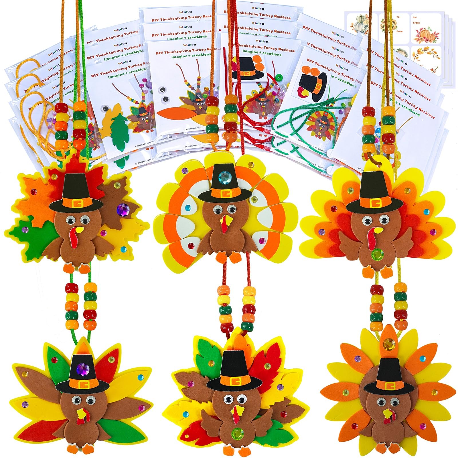 24 Sets Fall Craft Kits DIY Thanksgiving Turkey Necklaces & Autumn Decorations
