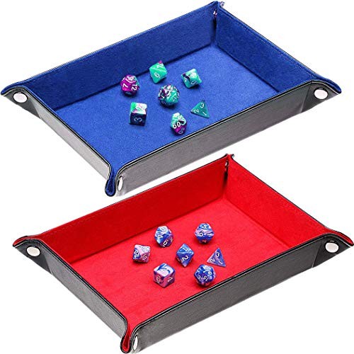 2 Pieces Dice Holder Dice Rolling Tray Double Sided PU Leather and Blue & Red