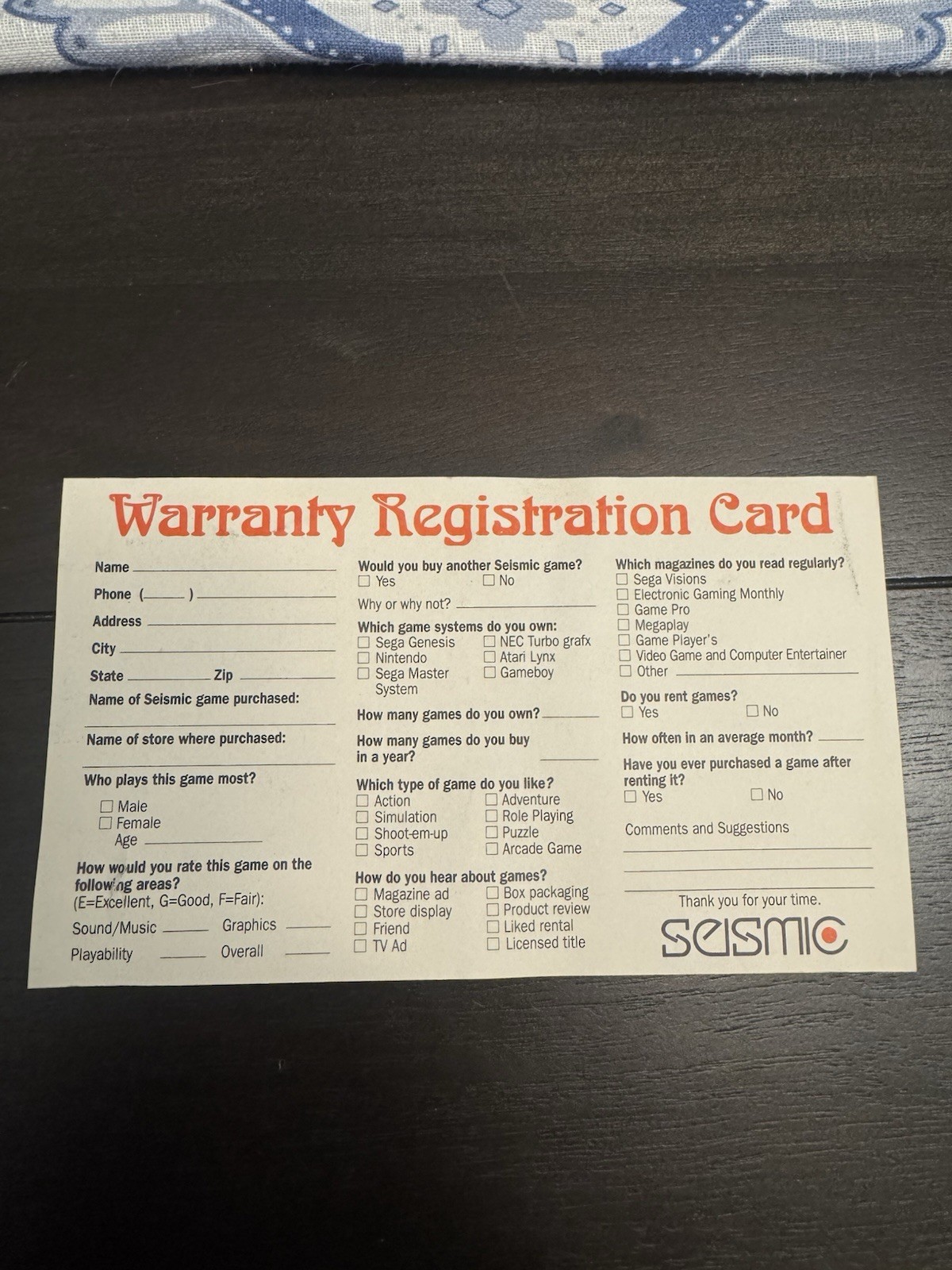 MUSHA Registration Card Only Sega Genesis