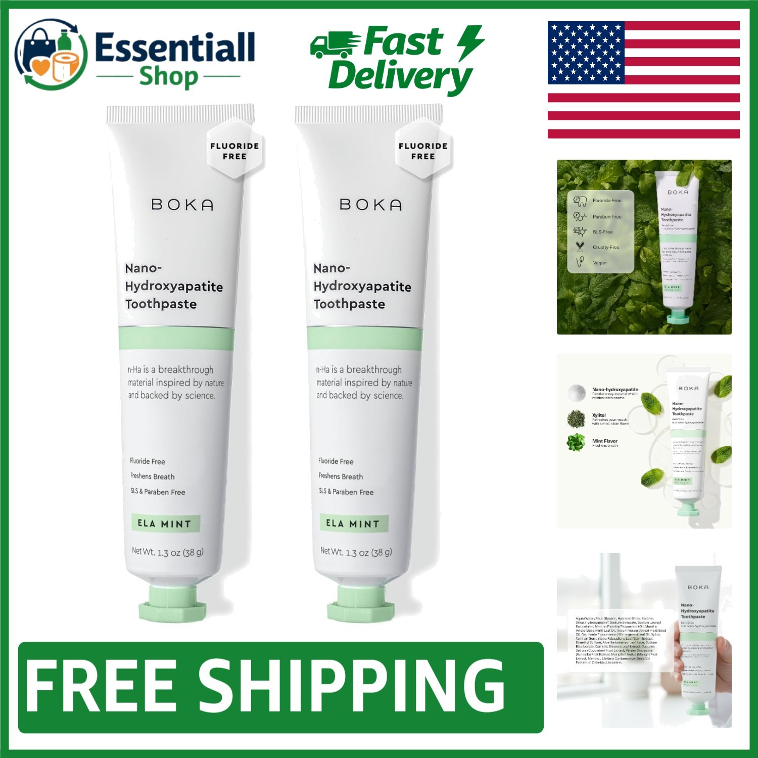 Fluoride-Free Nano Hydroxyapatite Toothpaste for Sensitive Teeth, Ela Mint, 2Pk