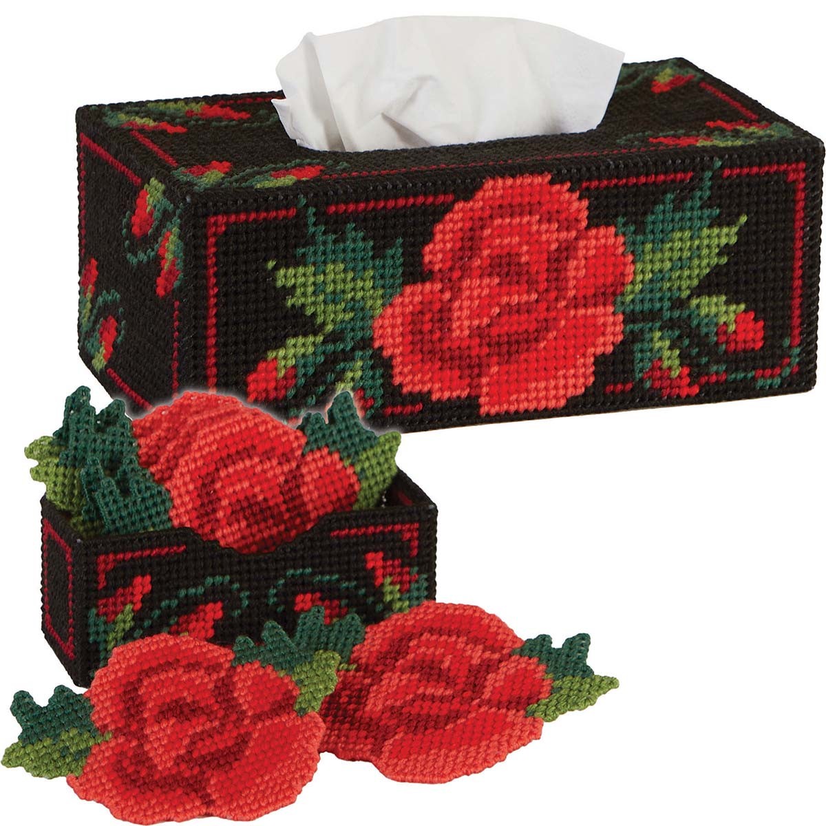 Herrschners® Ruby Roses Tissue Box & Coaster Set Plastic Canvas Kit