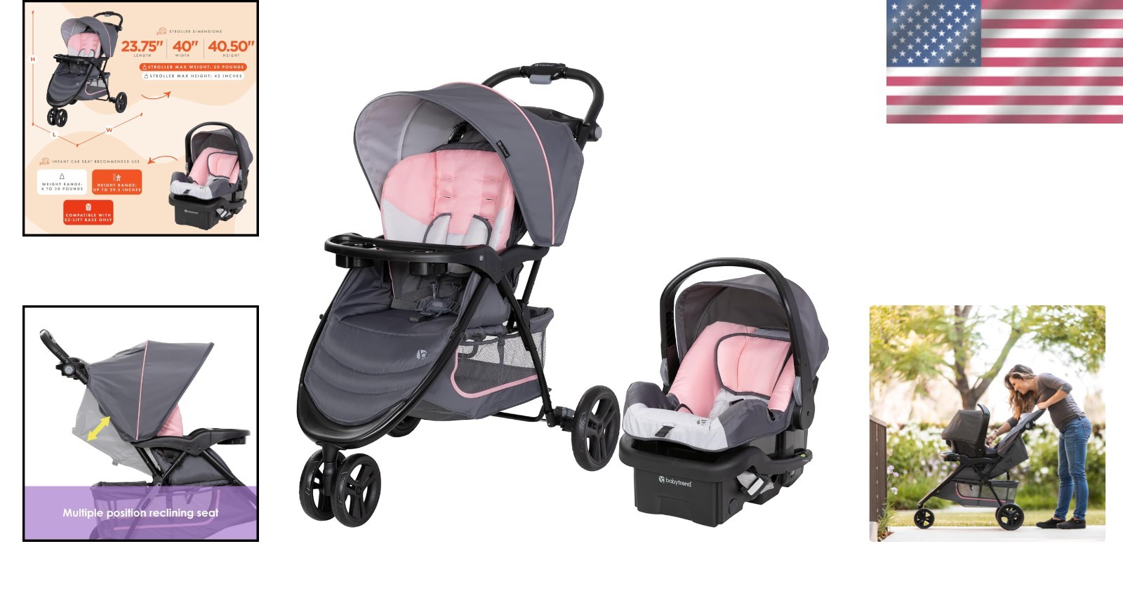 Adjustable Height Stroller with 5 Point Harness and Breathable Polyester Fabric