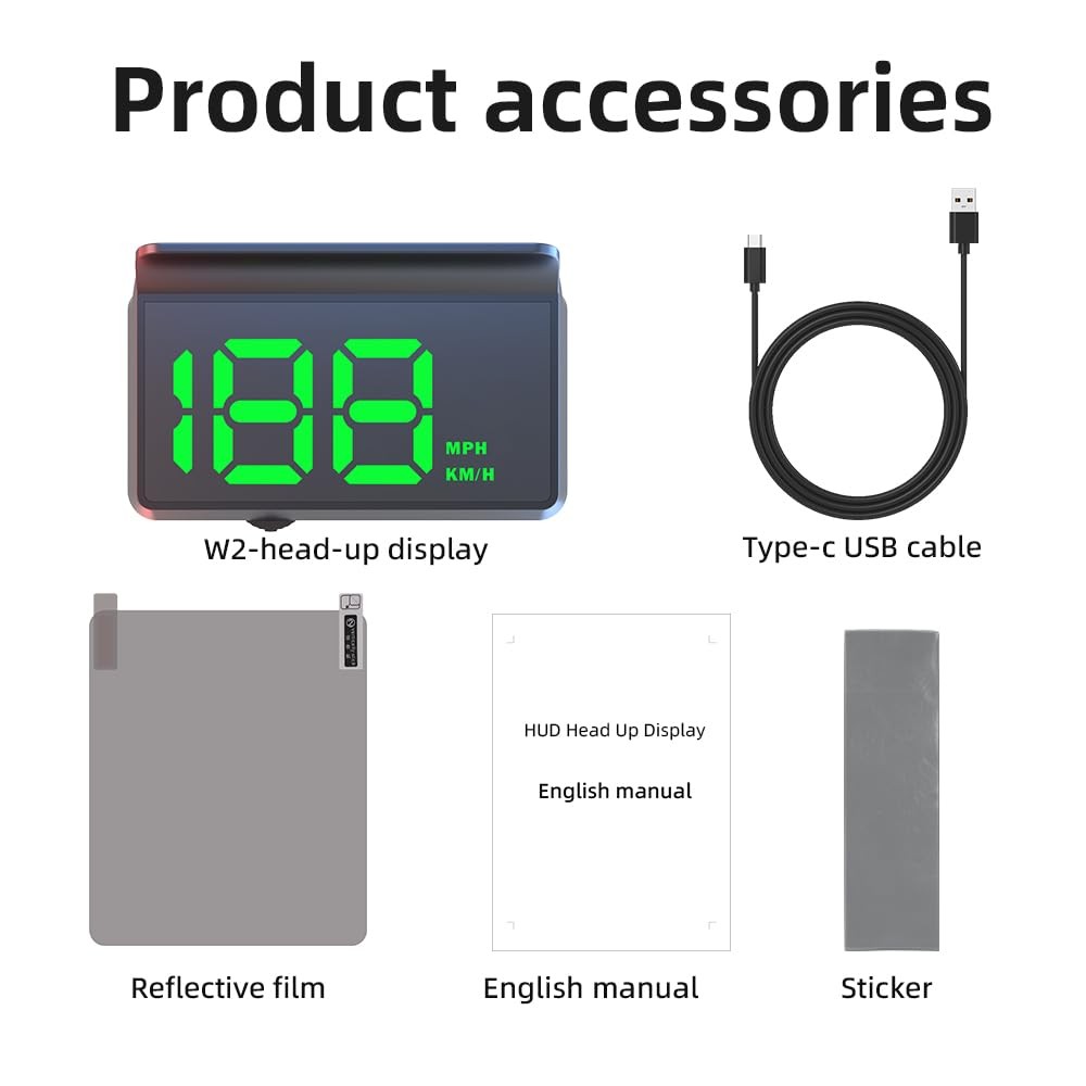 W2 White Head Up Display for Car Large Font Speed Projection, Auto Light Sensor