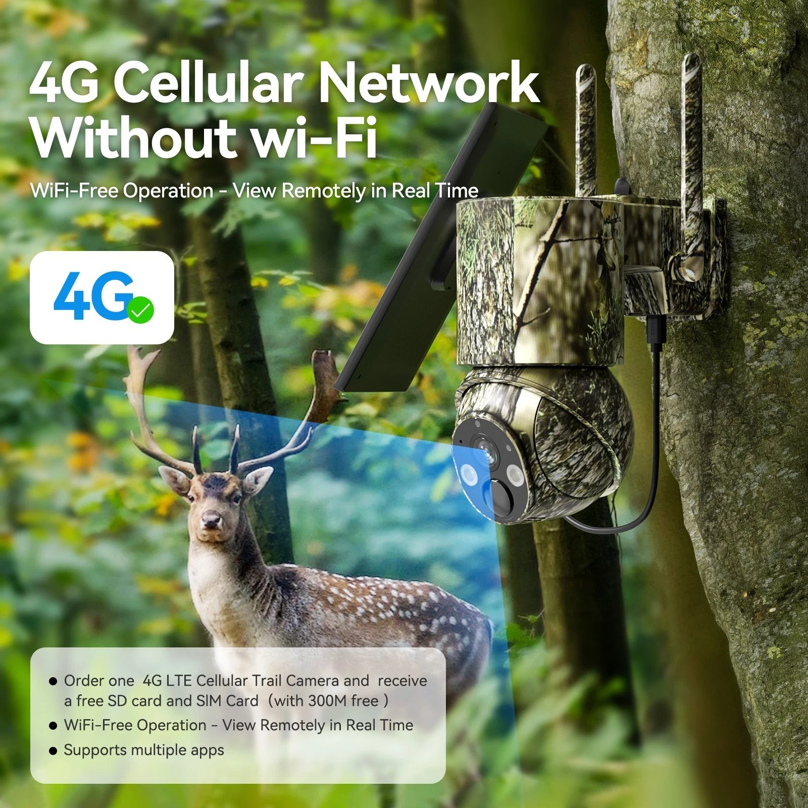 4G LTE Trail Camera Hunting Solar Powered Cellular Security Cam SIM Card 64G