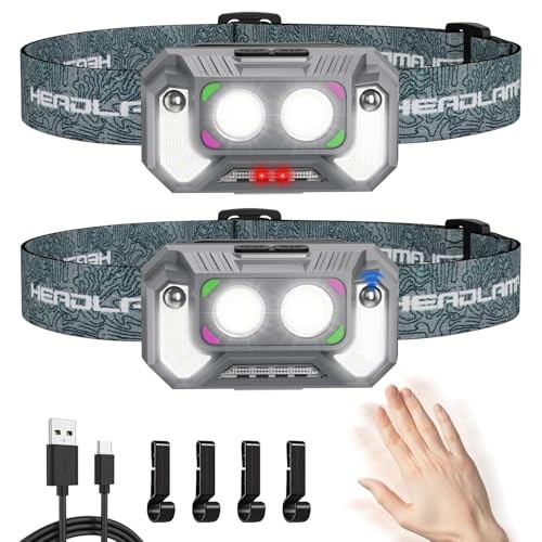 LED Headlamp Lightweight with Red Light Motion Sensor, 5 Modes USB T129 2 Pack