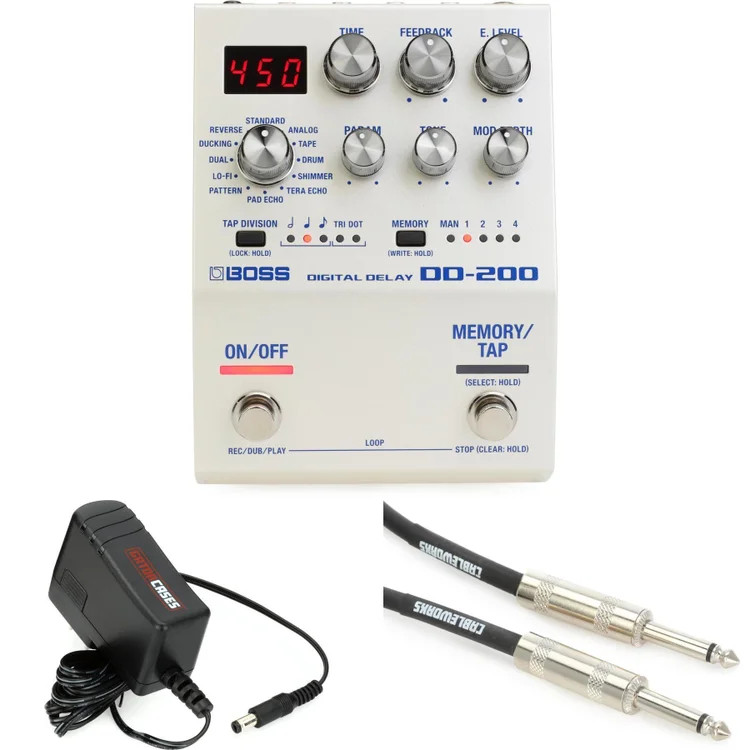 Boss DD-200 Digital Delay Pedal with Power Supply and Cable