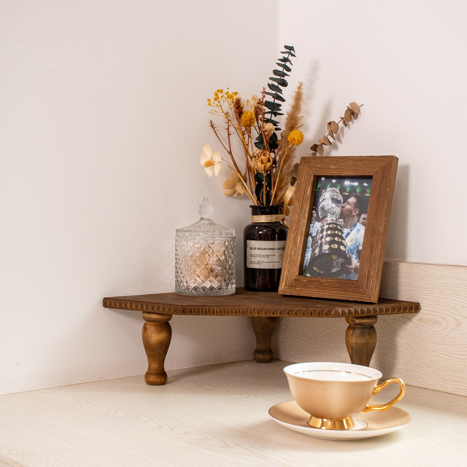 Rustic Wood Corner Pedestal Stand, Farmhouse Display Riser Shelf for Kitchen Bat