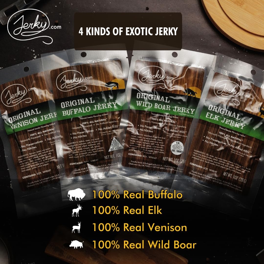 Exotic Jerky Variety Pack | 4pc Wild Game Snacks Sampler with Venison, Elk, B...