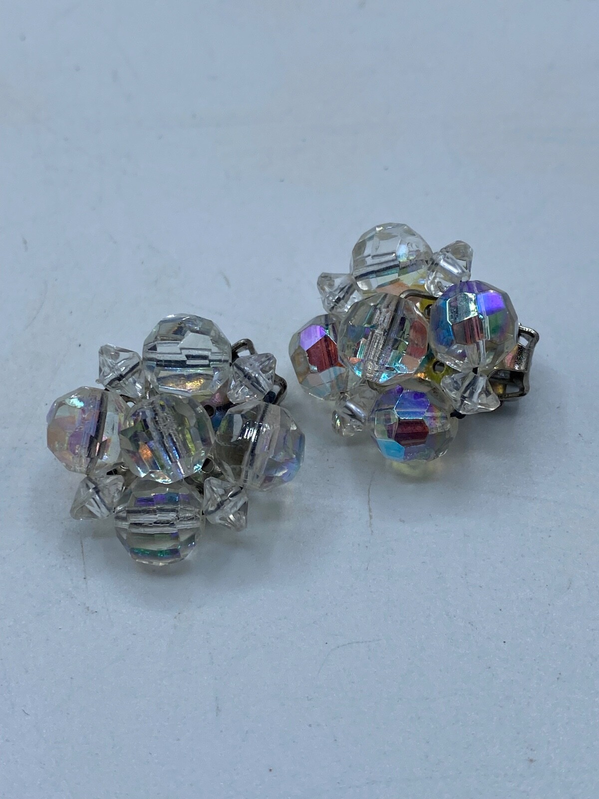 Vintage Silver Tone Aurora Borealis CrystalBead Cluster Clip On Earrings