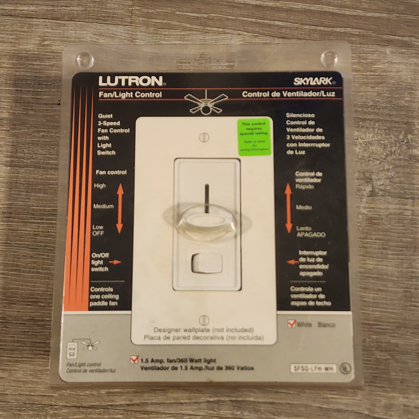 Lutron SFSQ-LFH-WH Quiet 3 Speed Slide Fan Push Light Switch Whiten