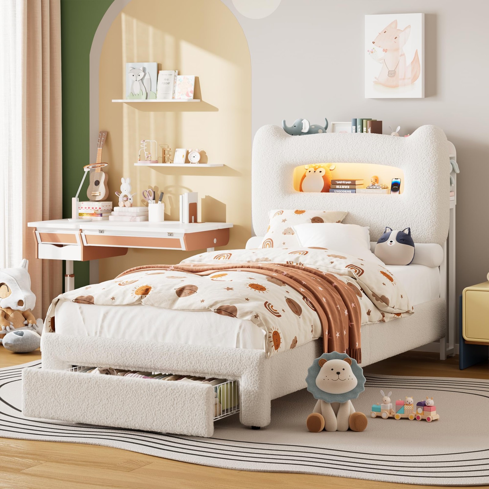 Twin Size Upholstered Bed Frame with Drawer & Storage Headboard for Kids/Girls