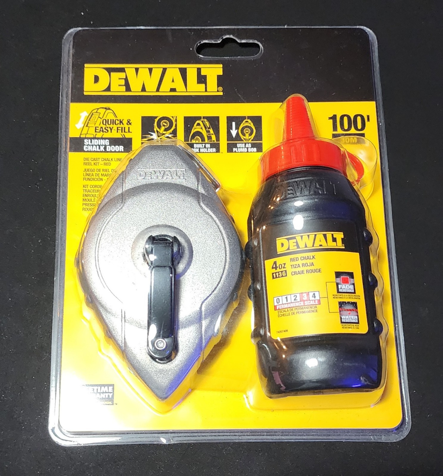 DeWalt Chalk Reel, 100', Sliding Door Plumb BoB, Die Cast, #3 Red NEW!