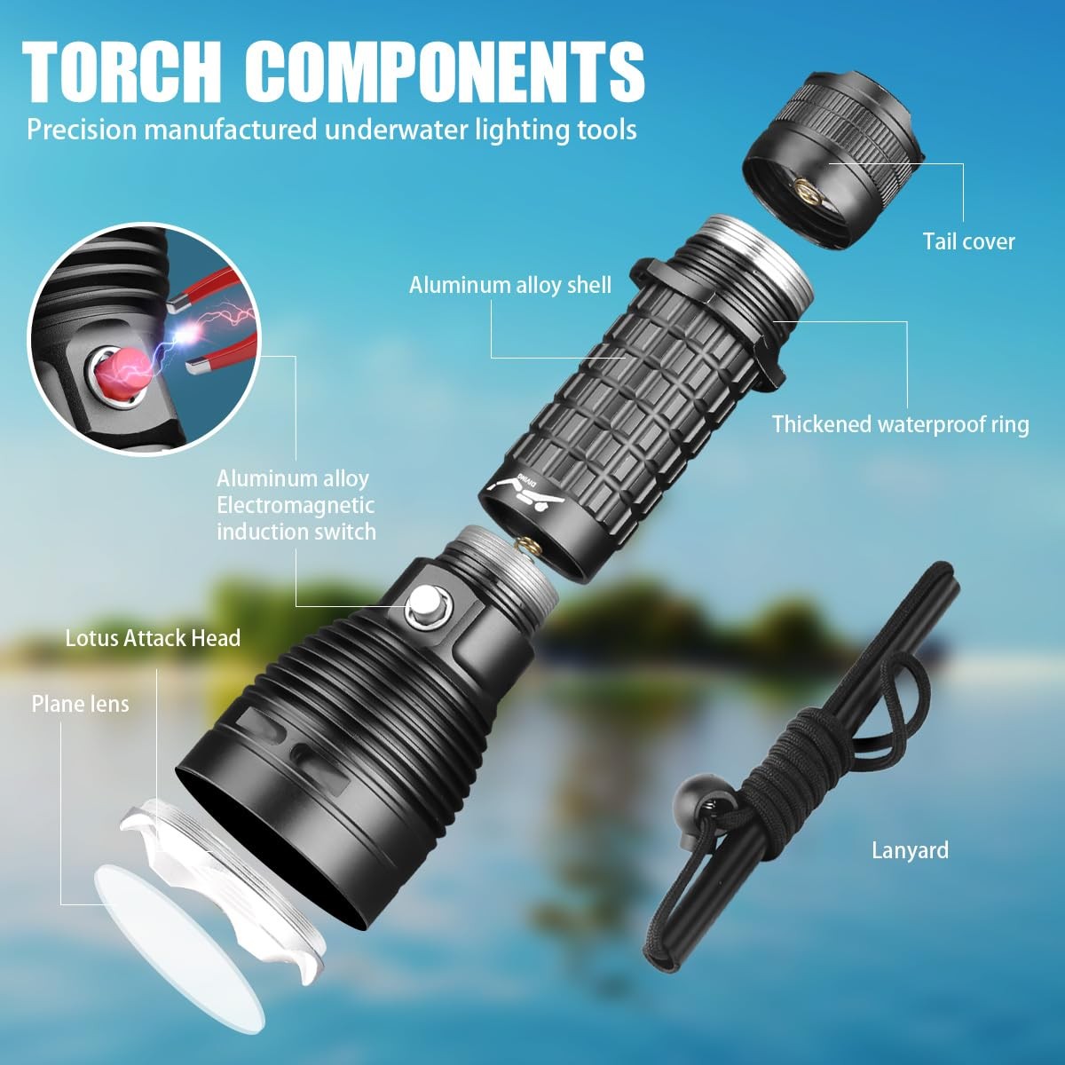 3000LM Waterproof Diving Flashlight IPX8 LED Scuba Light Rechargeable