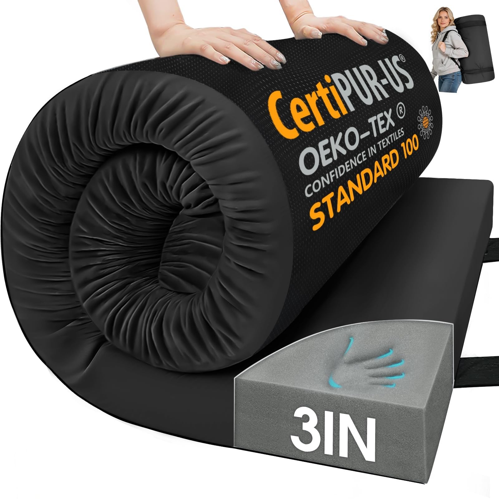 CYMULA 3" Memory Foam Roll Up Camping Pad for Tent, Truck, Non-Slip Waterproof